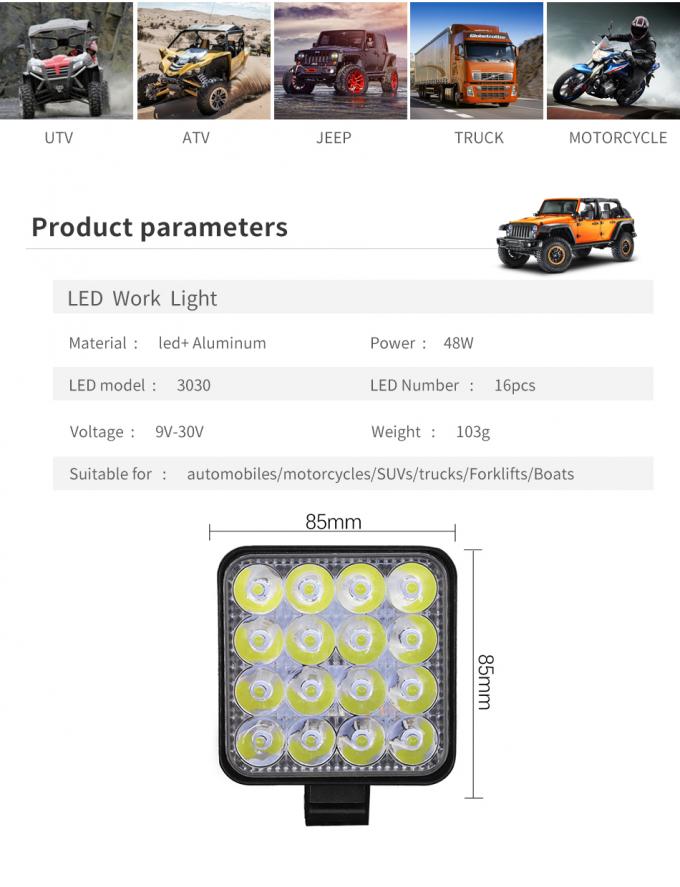 48W 16LED 4WD Square Led Work Lights Off Road Work Light 2