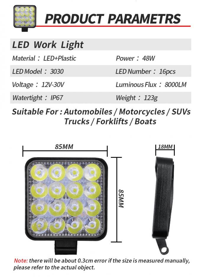 48W Square Vehicle LED Work Lights Bright 16 Leds Car Led Worklight 2