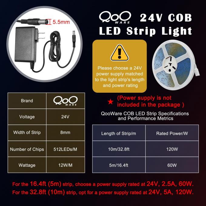 2560LEDS CRI 90 8mm Flexible Unified COB LED Light Strip 5M 2700K Warm White DC 24V 4