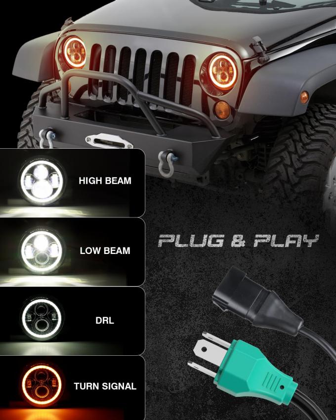 7 Inch LED Headlights with Turn Signal Amber White DRL and Black Halo Performance 4