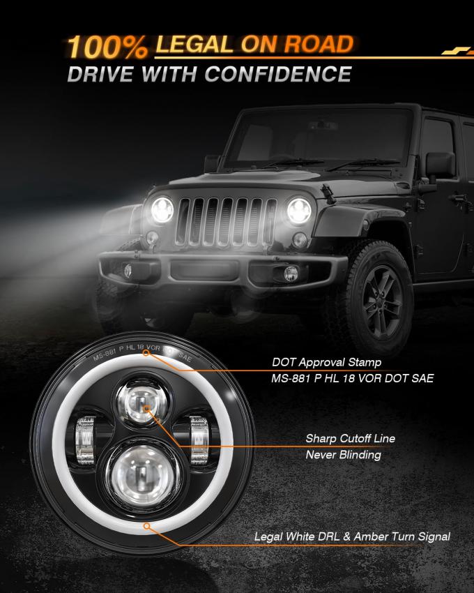 7 Inch LED Headlights with Turn Signal Amber White DRL and Black Halo Performance 5
