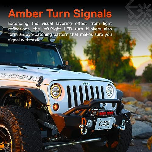7 Inch LED Headlights Round High Low Sealed Beam HALO DRL Turn Signal Replacement for Jeep 7