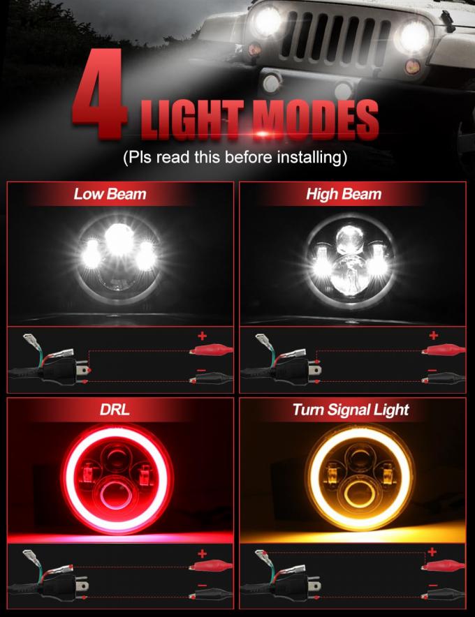 7 inch LED Headlight DOT Round Headlight with Amber Turn Signal and Hell Red Halo 4