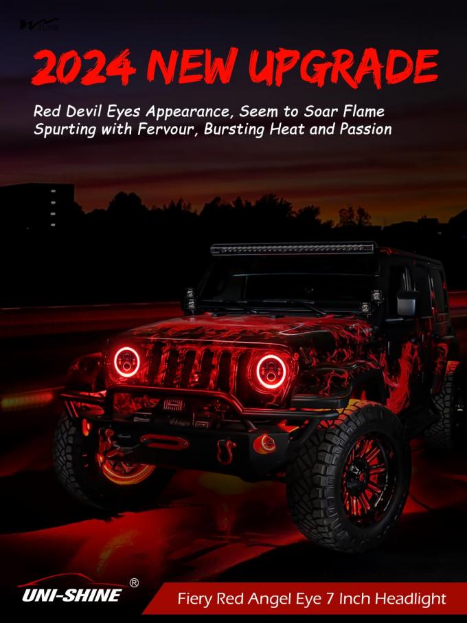 7 inch LED Headlight DOT Round Headlight with Amber Turn Signal and Hell Red Halo 3