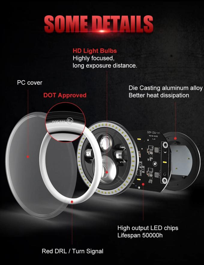 7 inch LED Headlight DOT Round Headlight with Amber Turn Signal and Hell Red Halo 5