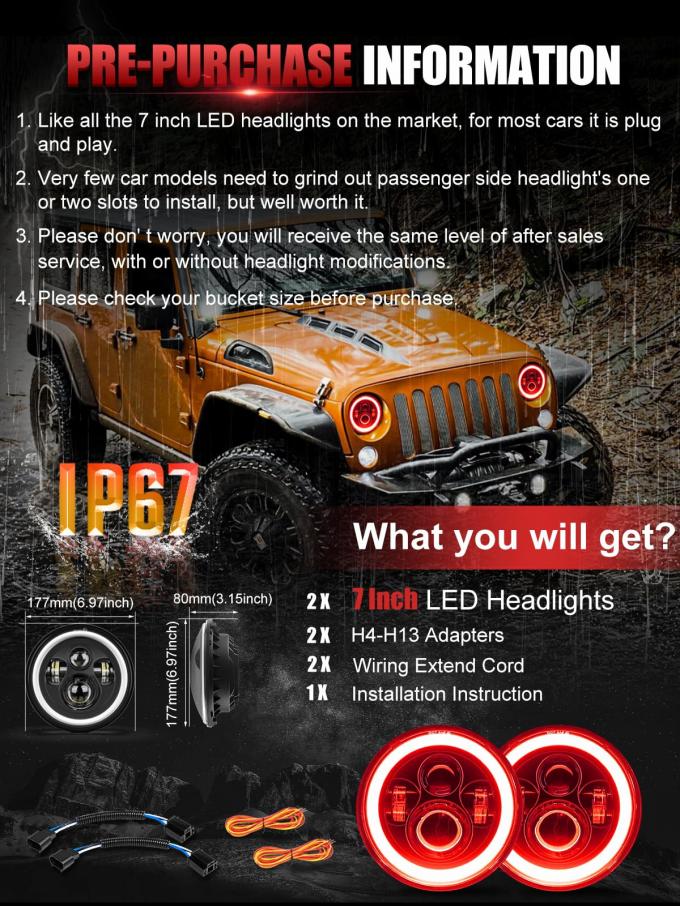 7 inch LED Headlight DOT Round Headlight with Amber Turn Signal and Hell Red Halo 6