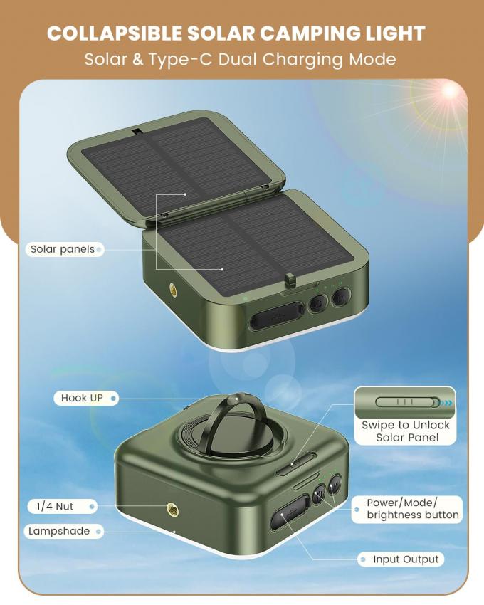 Assembled Height 1.77 inches 1000LM 5 Modes Solar/USB Rechargeable Camping Lantern 3
